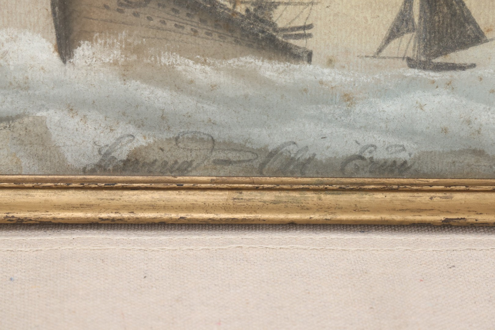 Lot 023 - Antique Pastel Painting On Paper, Maritime Scene "Leaving Old Erin" With Ships, Lighthouse, And Zeppelin, Inscribed "Erin Go Bragh" ("Ireland Forever"), Framed