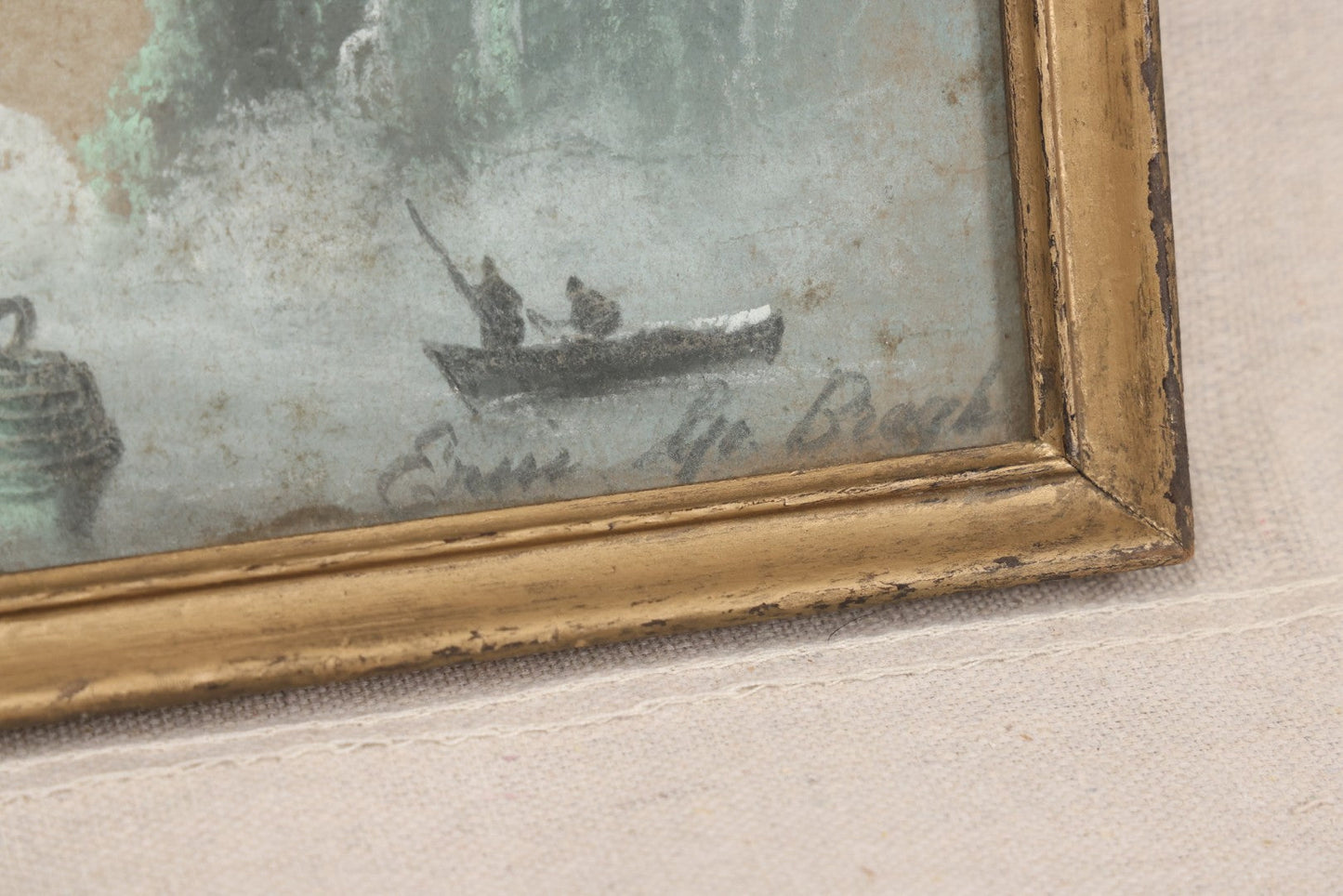 Lot 023 - Antique Pastel Painting On Paper, Maritime Scene "Leaving Old Erin" With Ships, Lighthouse, And Zeppelin, Inscribed "Erin Go Bragh" ("Ireland Forever"), Framed