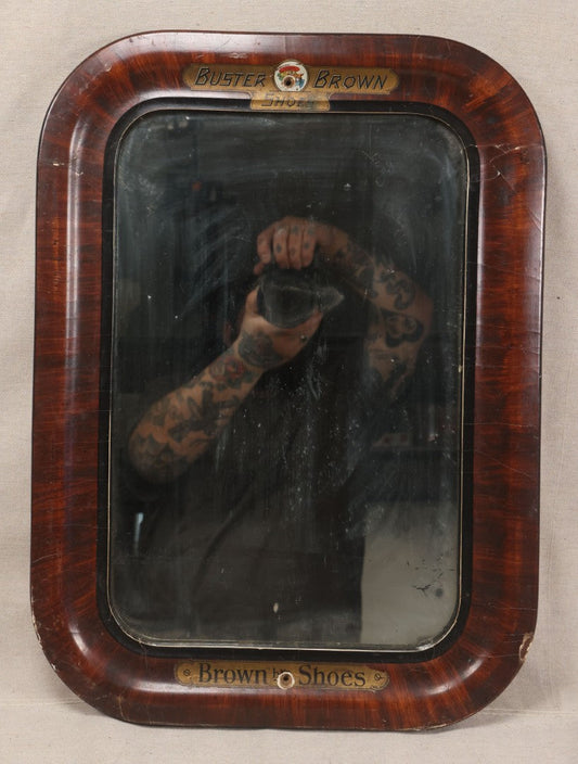 Lot 024 - Vintage Buster Brown Shoes Store Display Advertising Mirror With Buster Brown And Tige Logo, Brown Shoe Company