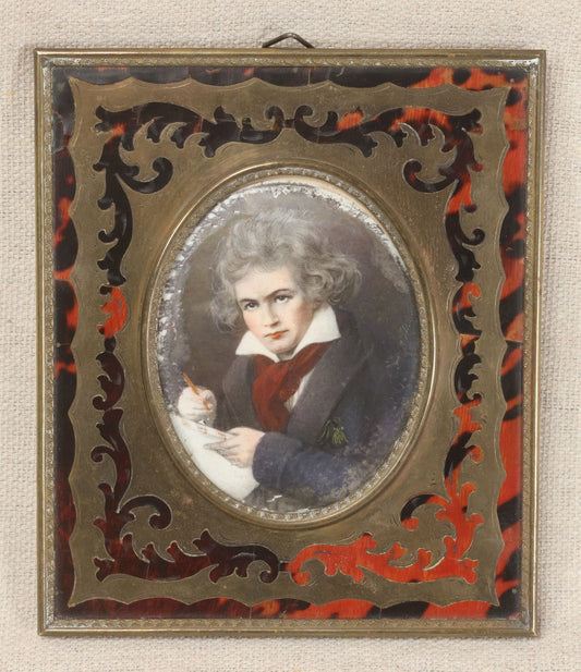 Lot 025 - Antique Miniature Portrait Painting On Porcelain After Stieler's 1820 Portrait Of Ludwig Van Beethoven, In Boulle-Style Frame With Tortoiseshell Inlay And Brass Scrollwork