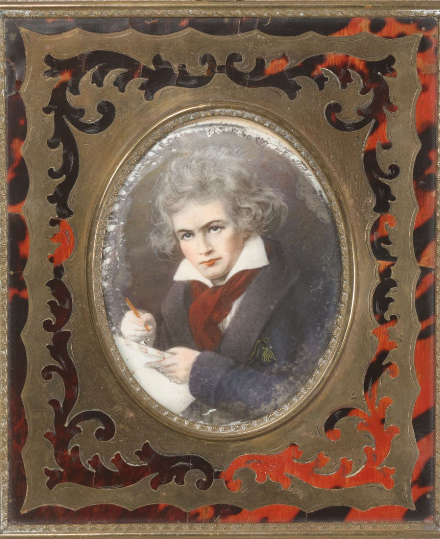 Lot 025 - Antique Miniature Portrait Painting On Porcelain After Stieler's 1820 Portrait Of Ludwig Van Beethoven, In Boulle-Style Frame With Tortoiseshell Inlay And Brass Scrollwork