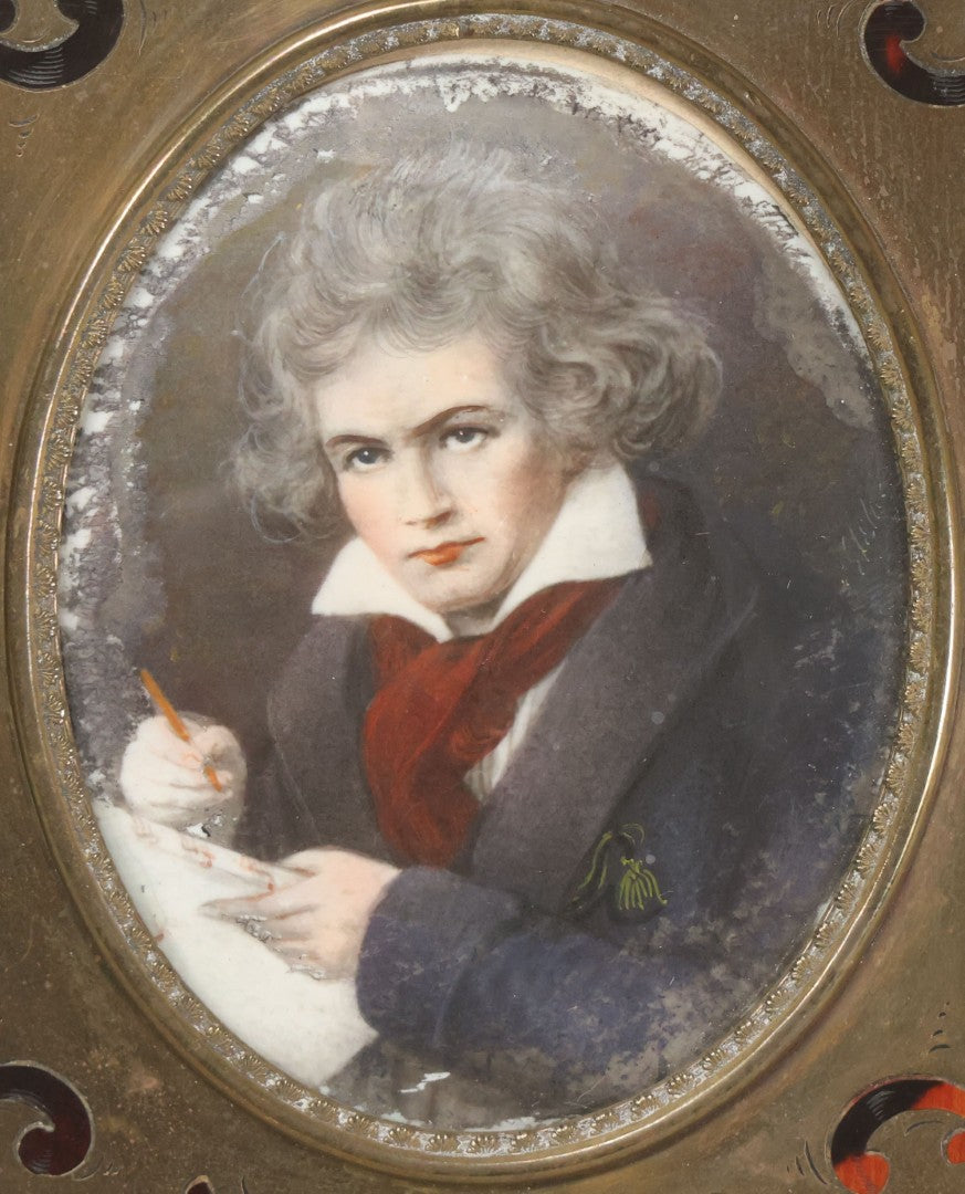 Lot 025 - Antique Miniature Portrait Painting On Porcelain After Stieler's 1820 Portrait Of Ludwig Van Beethoven, In Boulle-Style Frame With Tortoiseshell Inlay And Brass Scrollwork