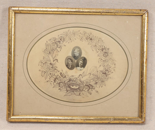 Lot 026 - Antique Victorian Family Portrait Composite With Three Photographs Mounted On Printed Floral Wreath With Birds And Nest, In Gilt Frame