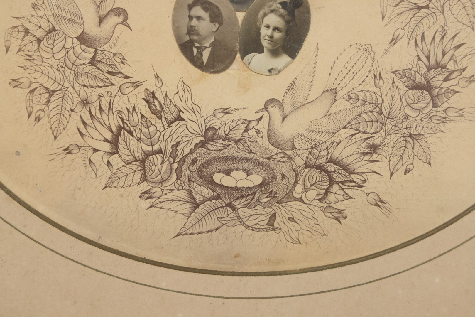 Lot 026 - Antique Victorian Family Portrait Composite With Three Photographs Mounted On Printed Floral Wreath With Birds And Nest, In Gilt Frame
