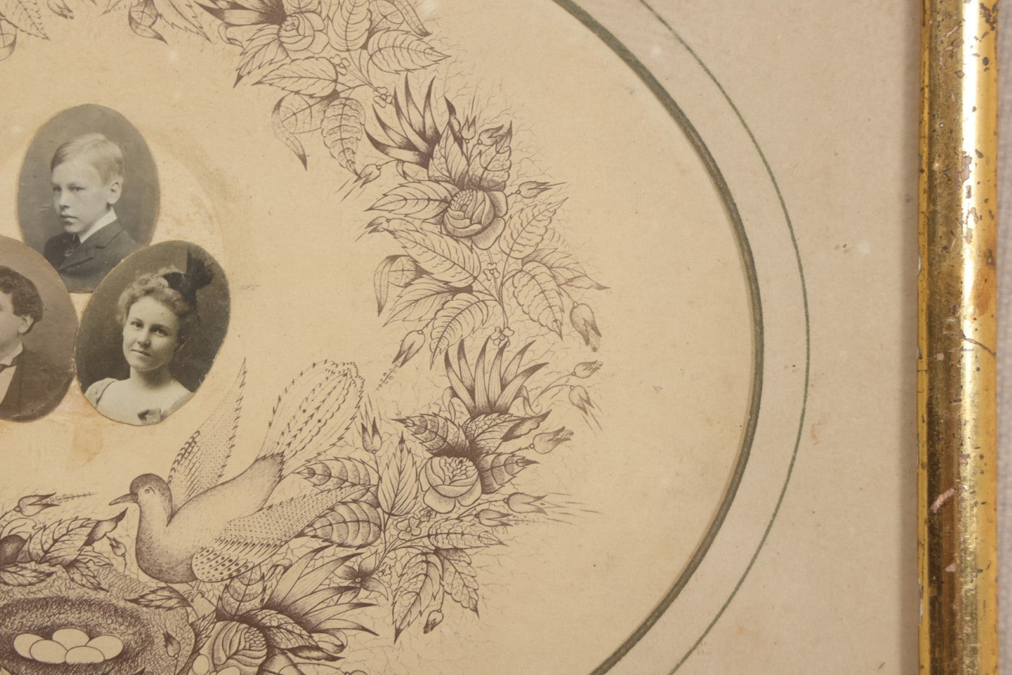 Lot 026 - Antique Victorian Family Portrait Composite With Three Photographs Mounted On Printed Floral Wreath With Birds And Nest, In Gilt Frame