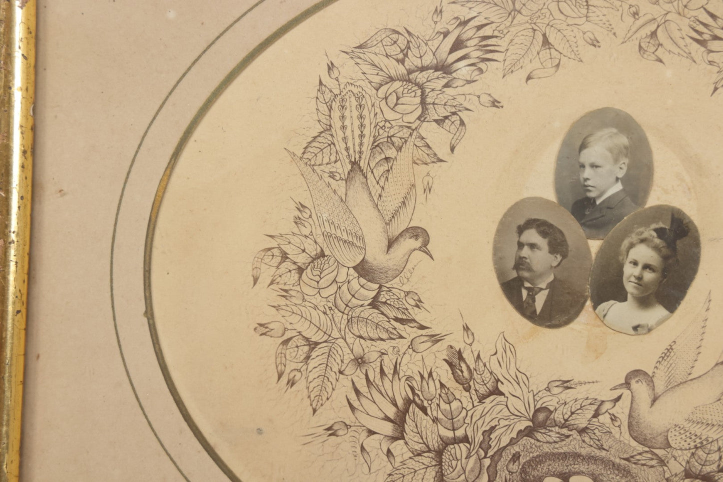 Lot 026 - Antique Victorian Family Portrait Composite With Three Photographs Mounted On Printed Floral Wreath With Birds And Nest, In Gilt Frame