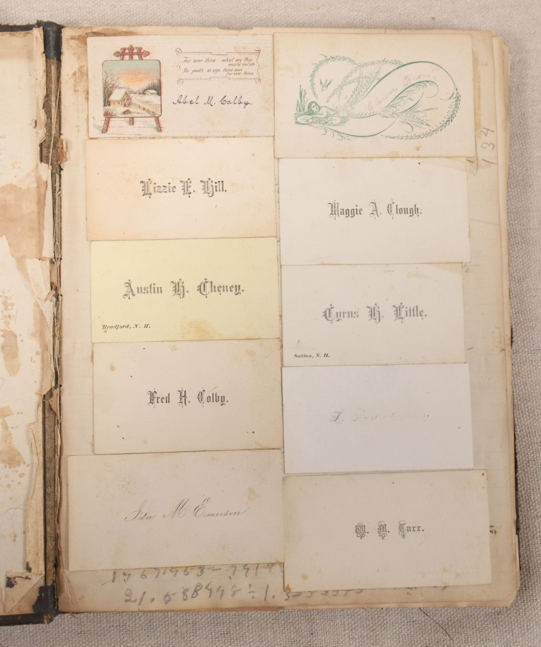 Lot 027 - Antique Victorian Scrapbook Of Approximately 200 Calling Cards And Business Cards Including Hand-Colored And Hand-Signed Examples, Photography, Railroad, And Other Trades