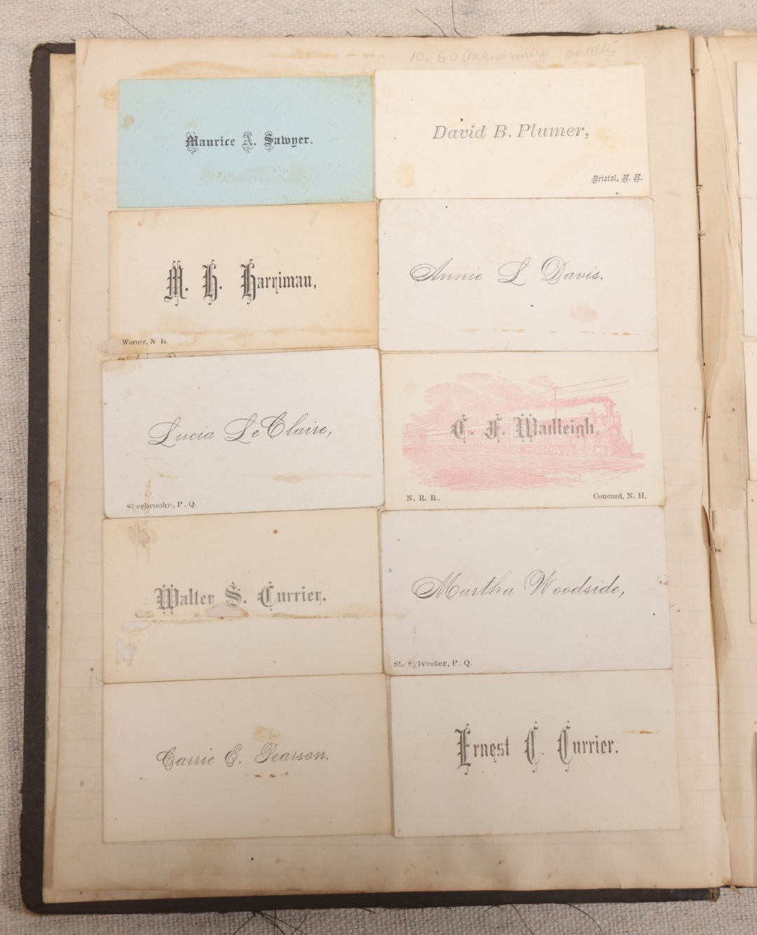 Lot 027 - Antique Victorian Scrapbook Of Approximately 200 Calling Cards And Business Cards Including Hand-Colored And Hand-Signed Examples, Photography, Railroad, And Other Trades