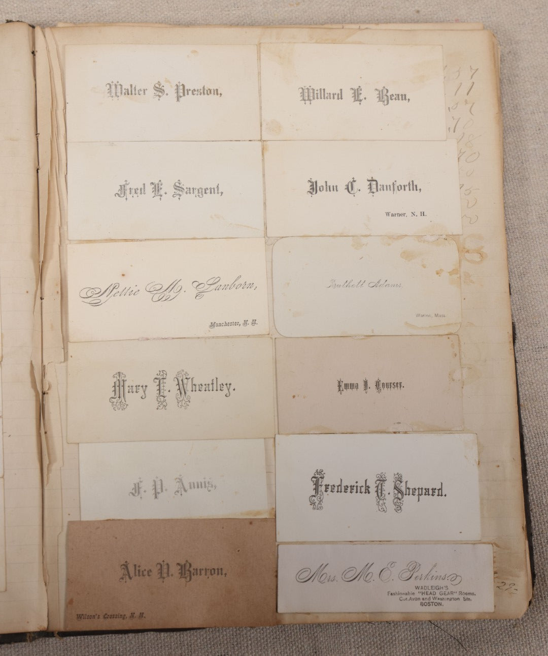 Lot 027 - Antique Victorian Scrapbook Of Approximately 200 Calling Cards And Business Cards Including Hand-Colored And Hand-Signed Examples, Photography, Railroad, And Other Trades