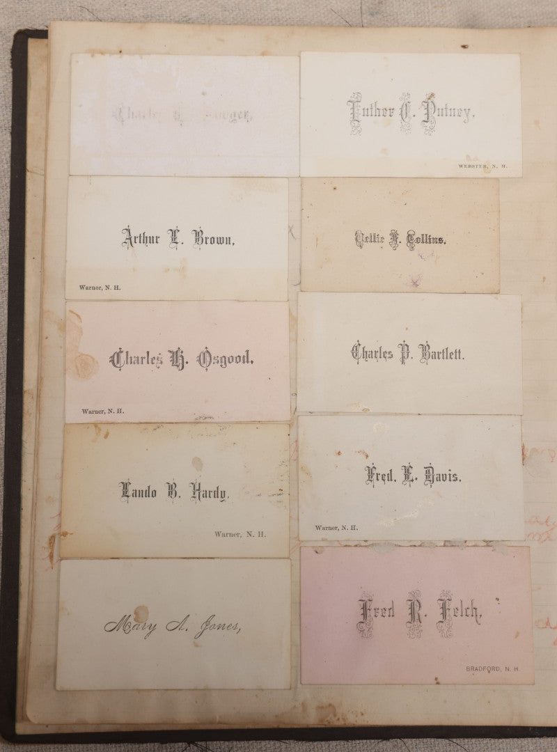 Lot 027 - Antique Victorian Scrapbook Of Approximately 200 Calling Cards And Business Cards Including Hand-Colored And Hand-Signed Examples, Photography, Railroad, And Other Trades