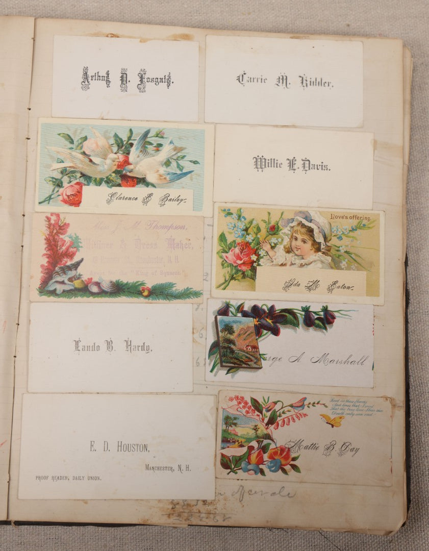 Lot 027 - Antique Victorian Scrapbook Of Approximately 200 Calling Cards And Business Cards Including Hand-Colored And Hand-Signed Examples, Photography, Railroad, And Other Trades