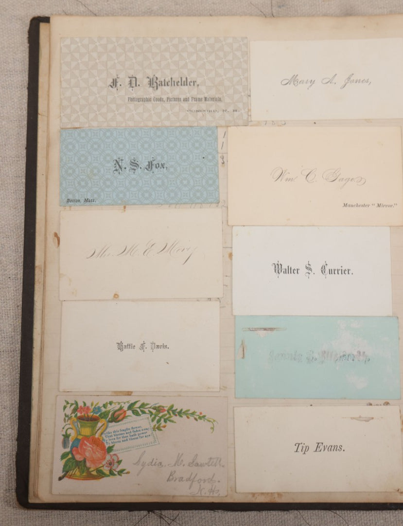 Lot 027 - Antique Victorian Scrapbook Of Approximately 200 Calling Cards And Business Cards Including Hand-Colored And Hand-Signed Examples, Photography, Railroad, And Other Trades