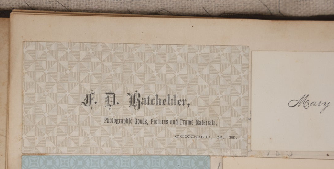 Lot 027 - Antique Victorian Scrapbook Of Approximately 200 Calling Cards And Business Cards Including Hand-Colored And Hand-Signed Examples, Photography, Railroad, And Other Trades