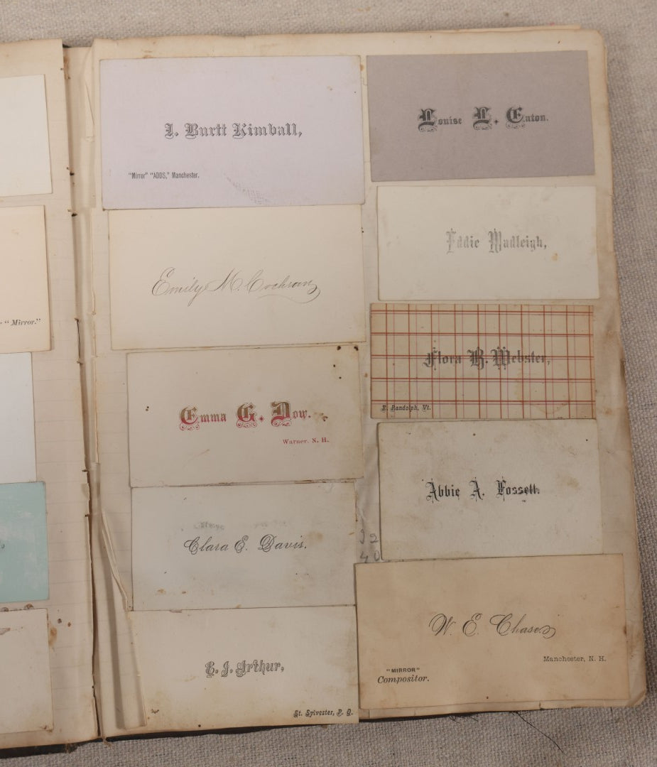 Lot 027 - Antique Victorian Scrapbook Of Approximately 200 Calling Cards And Business Cards Including Hand-Colored And Hand-Signed Examples, Photography, Railroad, And Other Trades