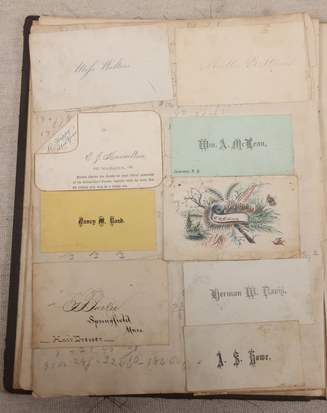 Lot 027 - Antique Victorian Scrapbook Of Approximately 200 Calling Cards And Business Cards Including Hand-Colored And Hand-Signed Examples, Photography, Railroad, And Other Trades