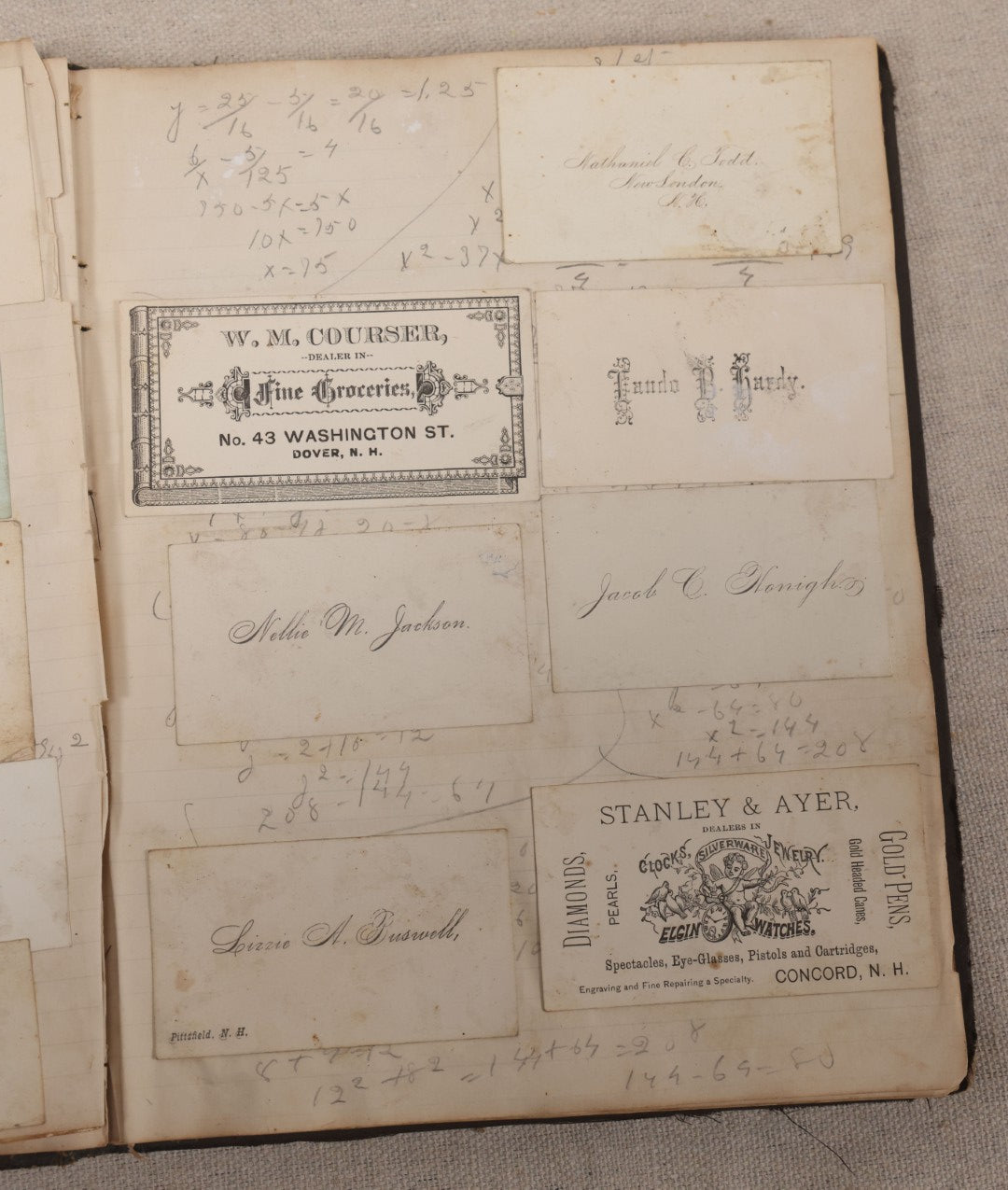 Lot 027 - Antique Victorian Scrapbook Of Approximately 200 Calling Cards And Business Cards Including Hand-Colored And Hand-Signed Examples, Photography, Railroad, And Other Trades