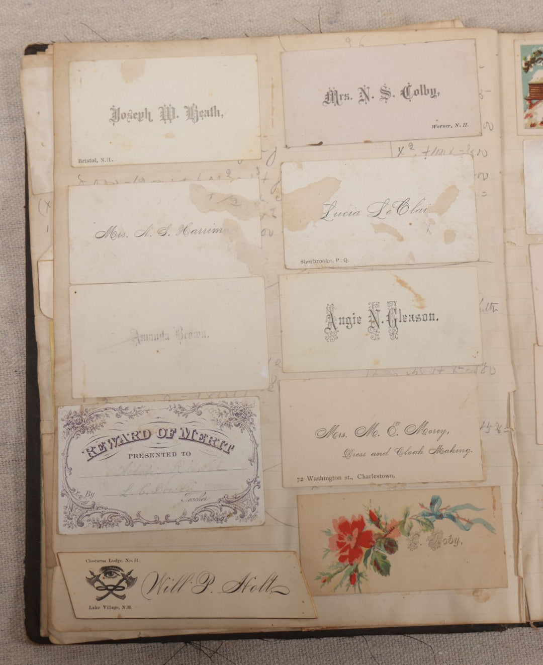 Lot 027 - Antique Victorian Scrapbook Of Approximately 200 Calling Cards And Business Cards Including Hand-Colored And Hand-Signed Examples, Photography, Railroad, And Other Trades