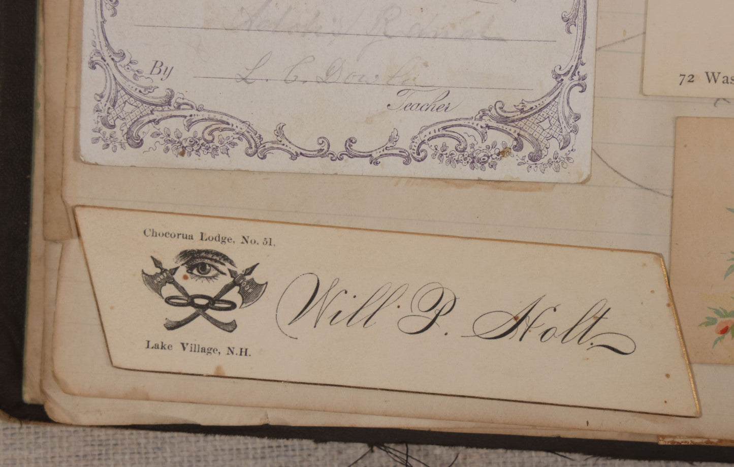 Lot 027 - Antique Victorian Scrapbook Of Approximately 200 Calling Cards And Business Cards Including Hand-Colored And Hand-Signed Examples, Photography, Railroad, And Other Trades