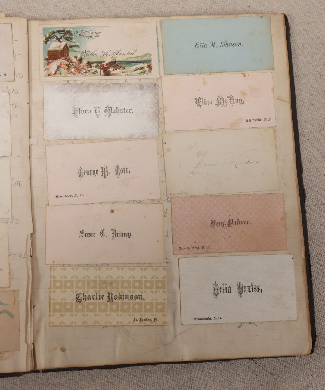 Lot 027 - Antique Victorian Scrapbook Of Approximately 200 Calling Cards And Business Cards Including Hand-Colored And Hand-Signed Examples, Photography, Railroad, And Other Trades