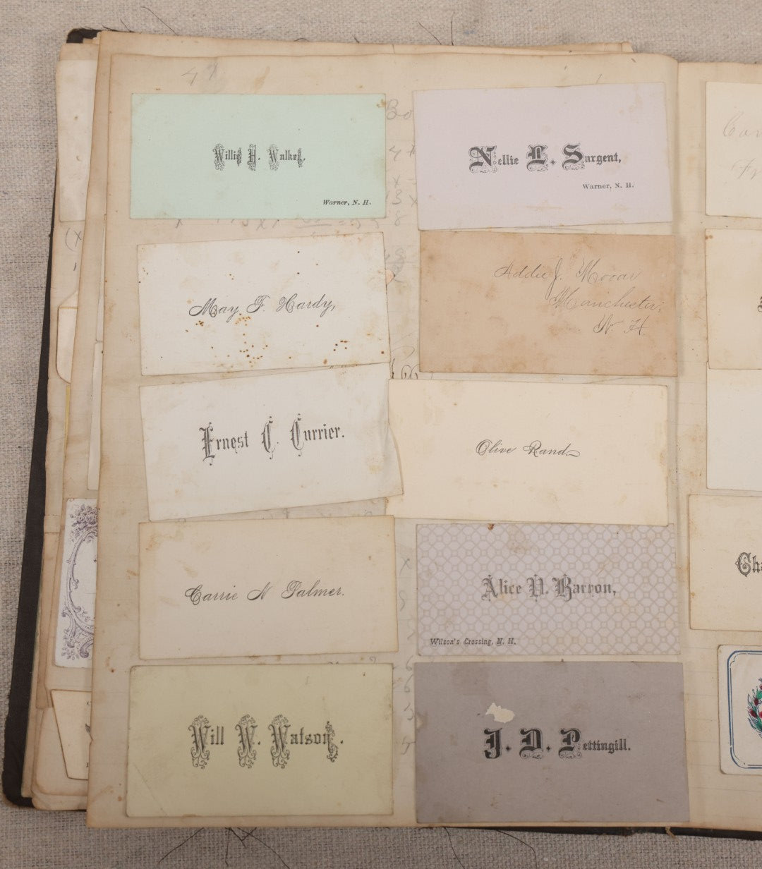 Lot 027 - Antique Victorian Scrapbook Of Approximately 200 Calling Cards And Business Cards Including Hand-Colored And Hand-Signed Examples, Photography, Railroad, And Other Trades