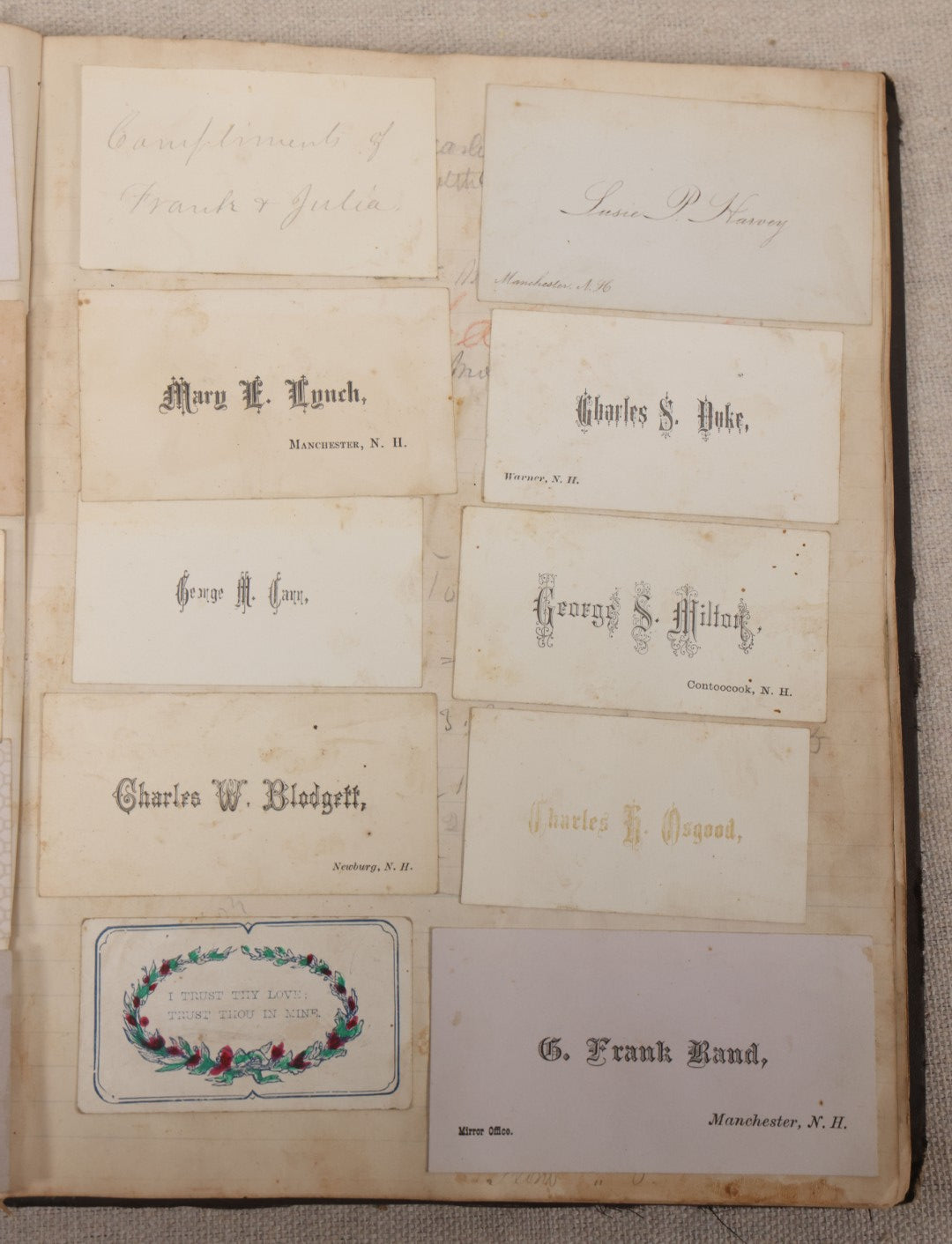 Lot 027 - Antique Victorian Scrapbook Of Approximately 200 Calling Cards And Business Cards Including Hand-Colored And Hand-Signed Examples, Photography, Railroad, And Other Trades