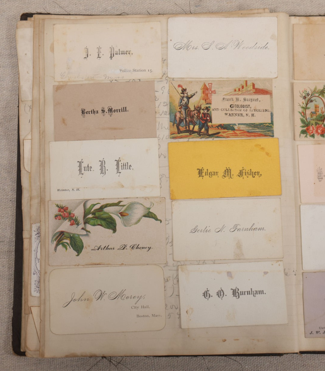 Lot 027 - Antique Victorian Scrapbook Of Approximately 200 Calling Cards And Business Cards Including Hand-Colored And Hand-Signed Examples, Photography, Railroad, And Other Trades