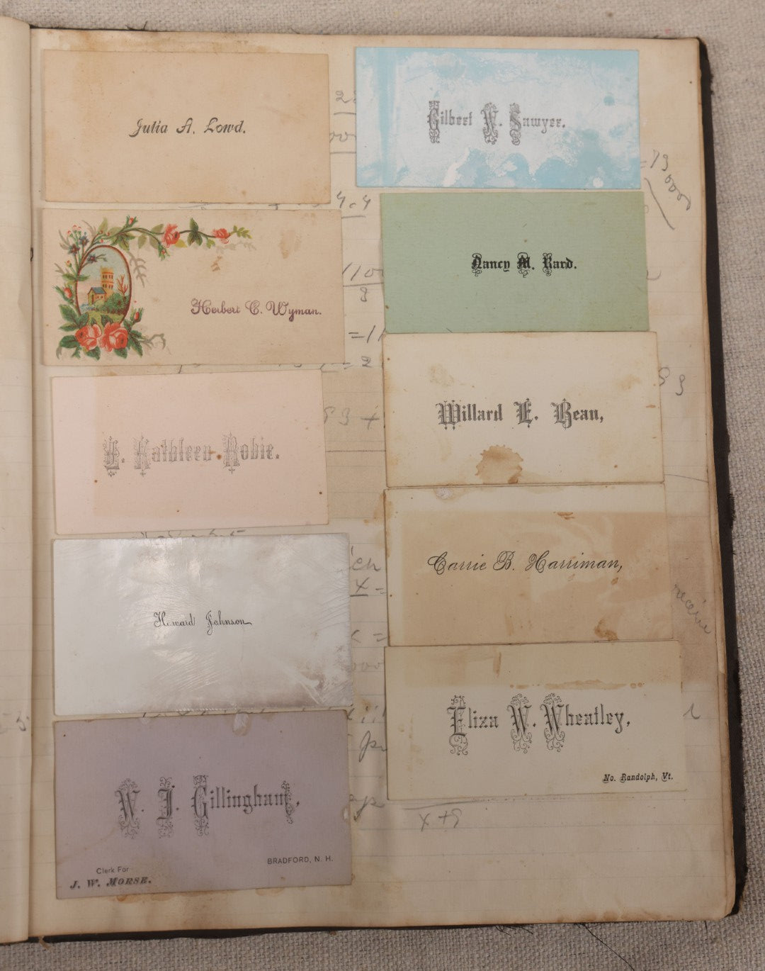 Lot 027 - Antique Victorian Scrapbook Of Approximately 200 Calling Cards And Business Cards Including Hand-Colored And Hand-Signed Examples, Photography, Railroad, And Other Trades