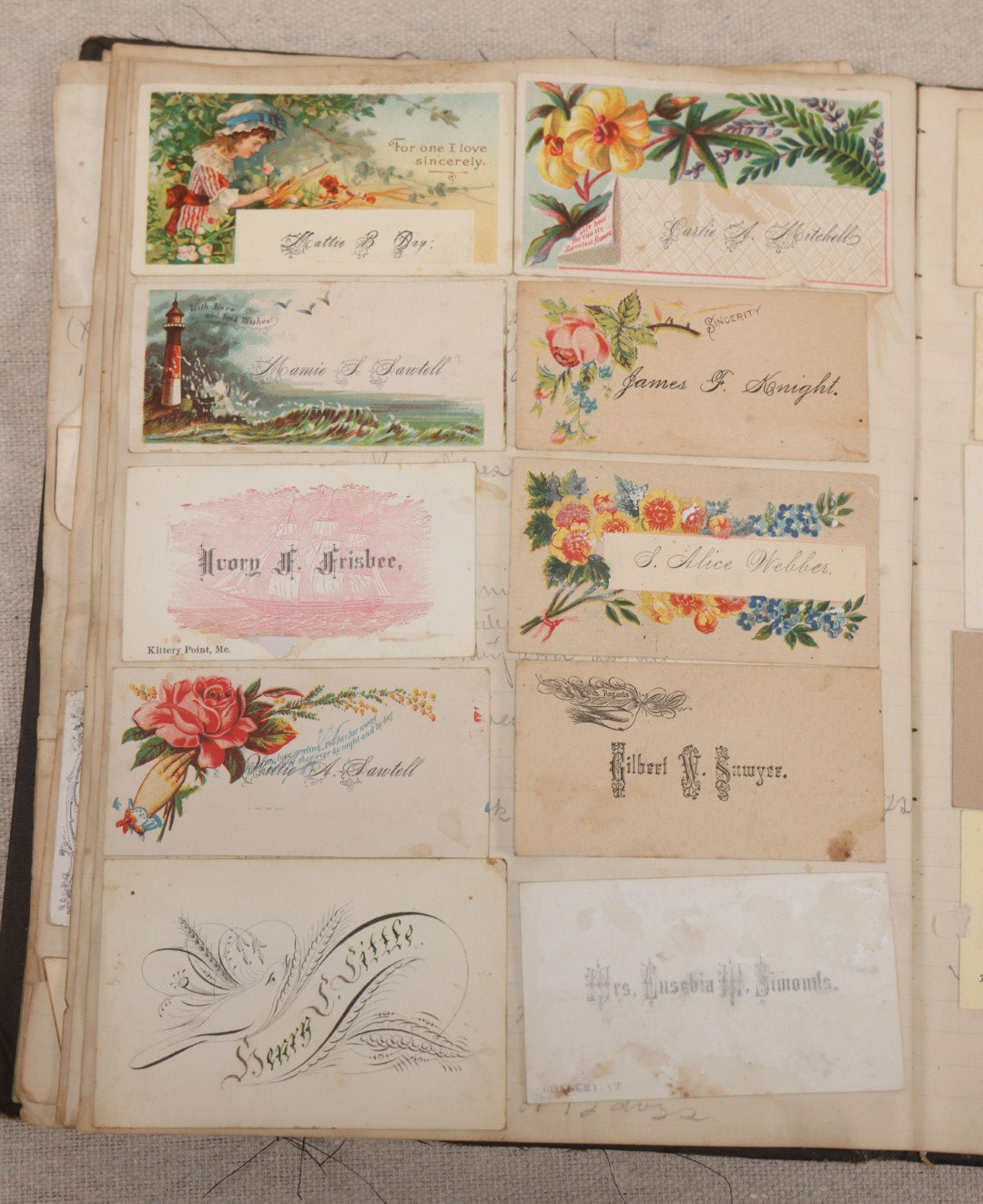 Lot 027 - Antique Victorian Scrapbook Of Approximately 200 Calling Cards And Business Cards Including Hand-Colored And Hand-Signed Examples, Photography, Railroad, And Other Trades