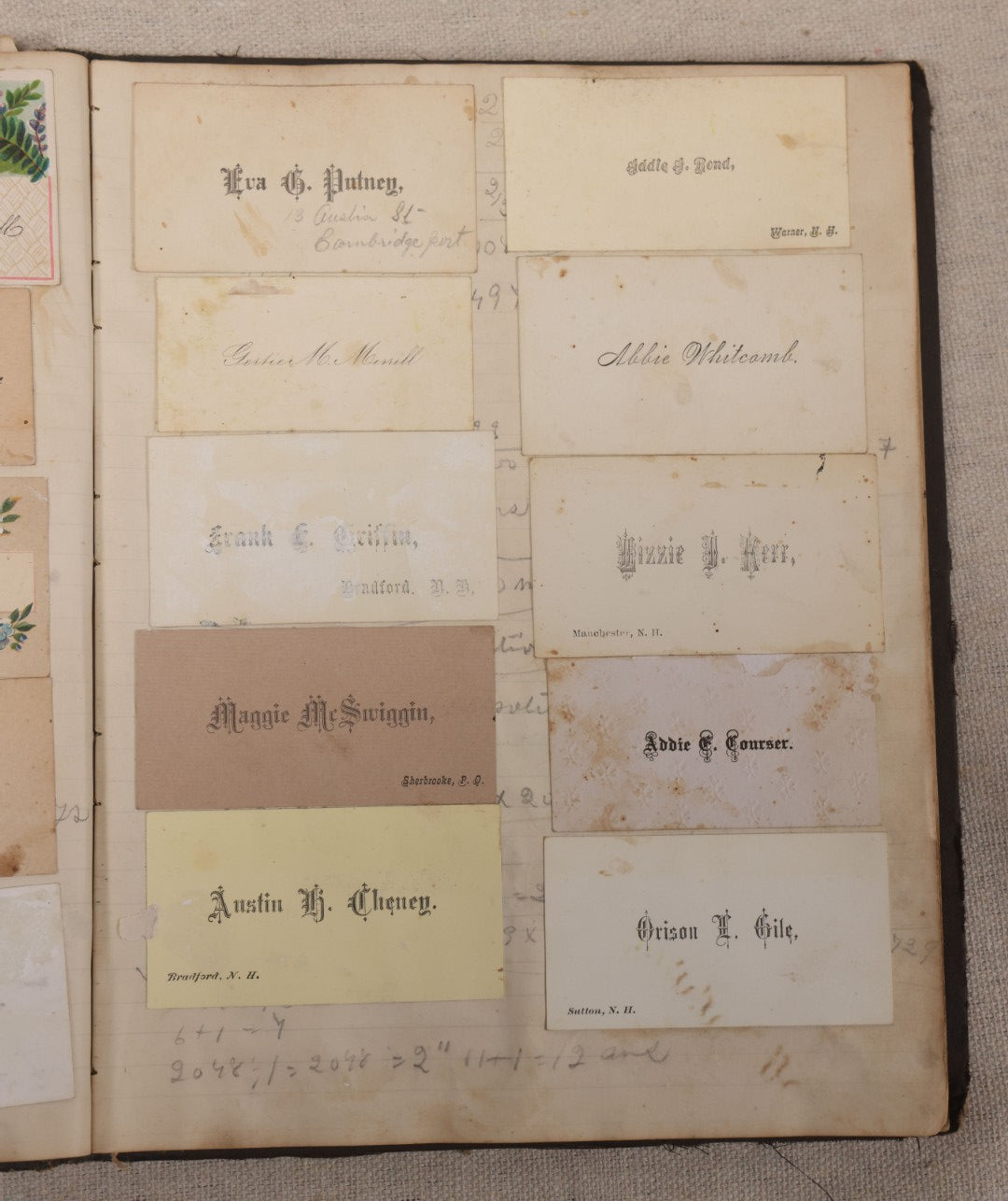 Lot 027 - Antique Victorian Scrapbook Of Approximately 200 Calling Cards And Business Cards Including Hand-Colored And Hand-Signed Examples, Photography, Railroad, And Other Trades