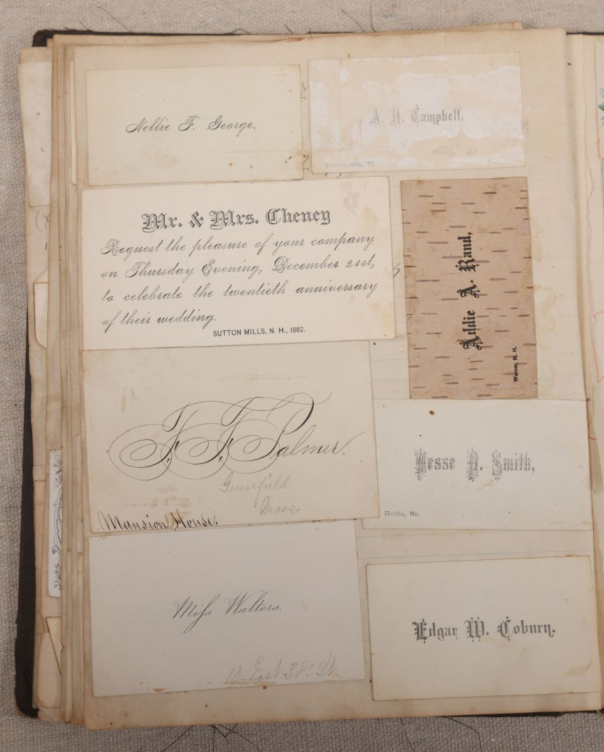 Lot 027 - Antique Victorian Scrapbook Of Approximately 200 Calling Cards And Business Cards Including Hand-Colored And Hand-Signed Examples, Photography, Railroad, And Other Trades