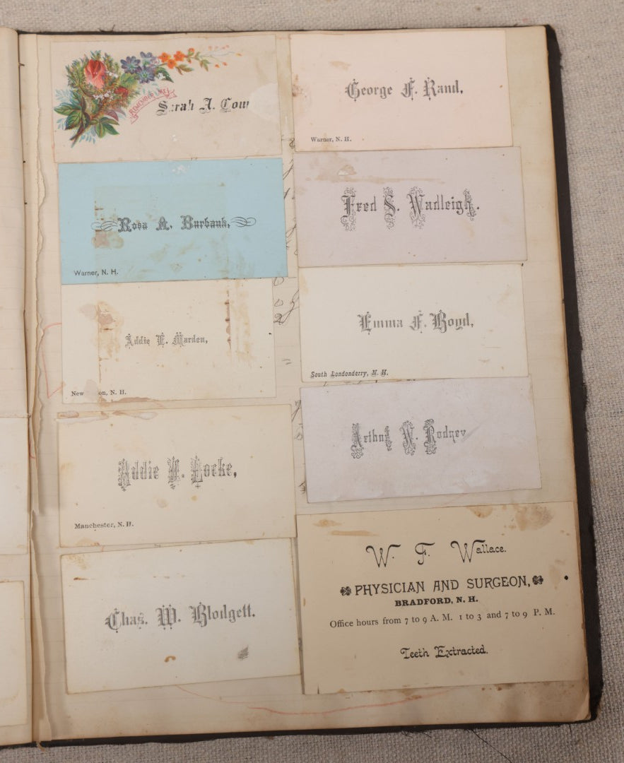 Lot 027 - Antique Victorian Scrapbook Of Approximately 200 Calling Cards And Business Cards Including Hand-Colored And Hand-Signed Examples, Photography, Railroad, And Other Trades
