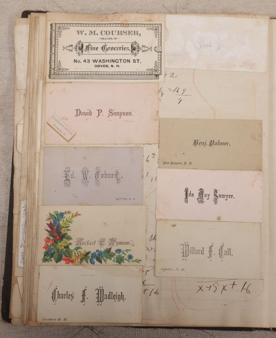 Lot 027 - Antique Victorian Scrapbook Of Approximately 200 Calling Cards And Business Cards Including Hand-Colored And Hand-Signed Examples, Photography, Railroad, And Other Trades