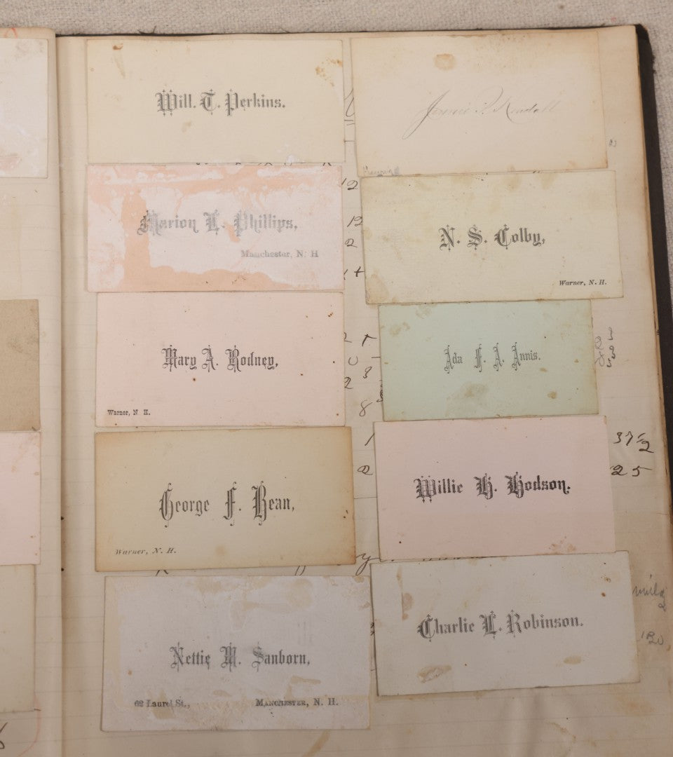 Lot 027 - Antique Victorian Scrapbook Of Approximately 200 Calling Cards And Business Cards Including Hand-Colored And Hand-Signed Examples, Photography, Railroad, And Other Trades