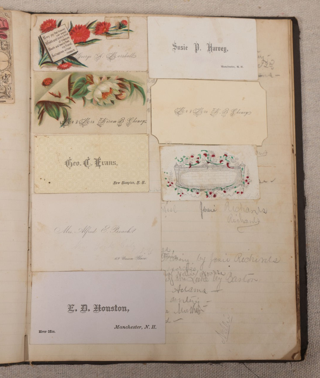 Lot 027 - Antique Victorian Scrapbook Of Approximately 200 Calling Cards And Business Cards Including Hand-Colored And Hand-Signed Examples, Photography, Railroad, And Other Trades