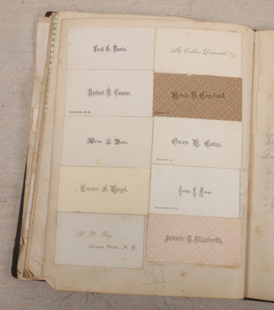 Lot 027 - Antique Victorian Scrapbook Of Approximately 200 Calling Cards And Business Cards Including Hand-Colored And Hand-Signed Examples, Photography, Railroad, And Other Trades