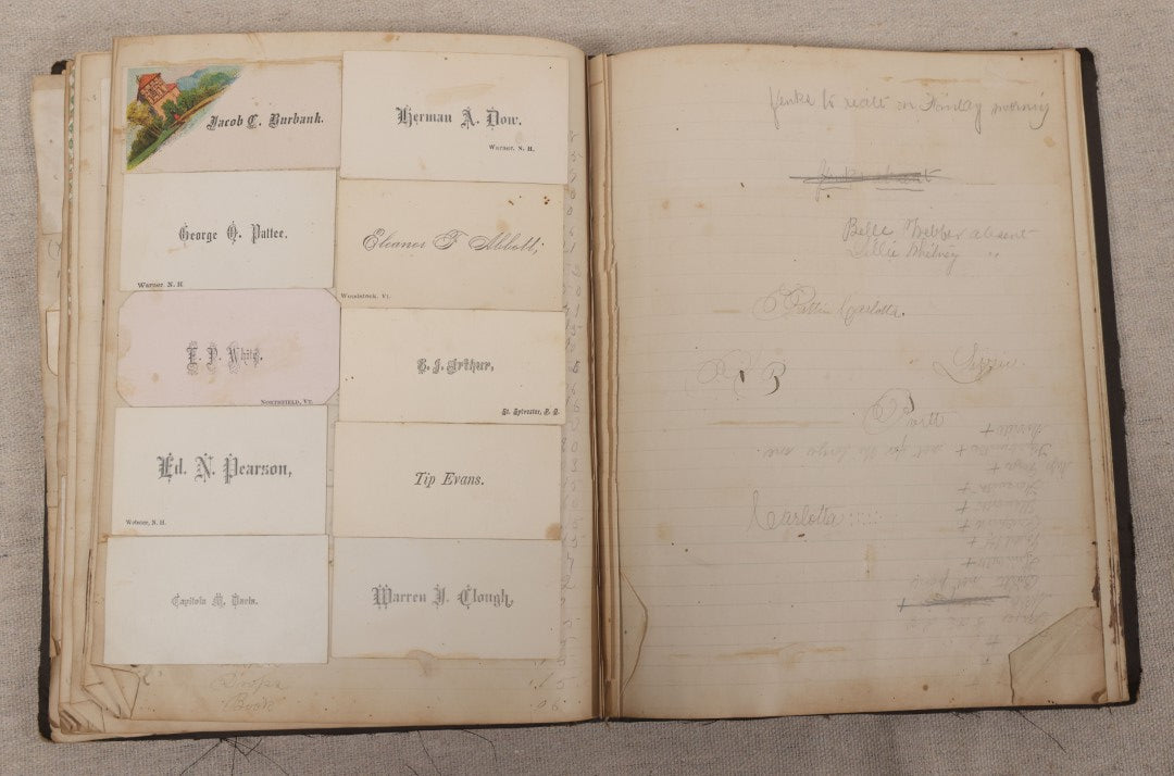 Lot 027 - Antique Victorian Scrapbook Of Approximately 200 Calling Cards And Business Cards Including Hand-Colored And Hand-Signed Examples, Photography, Railroad, And Other Trades