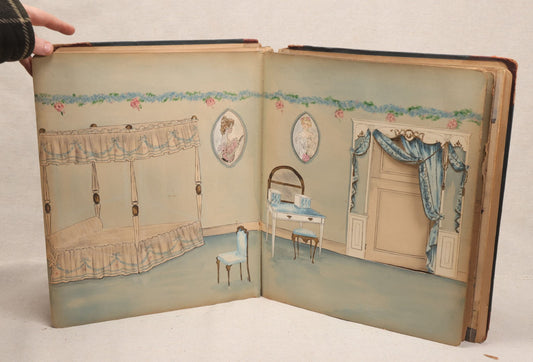 Lot 028 - Antique Hand-Painted Paper Dollhouse Book With Detailed Watercolor Interior Room Scenes, Furniture, And Figures, With Opening Doors, Handmade