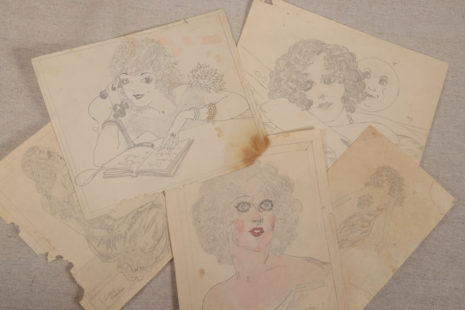 Lot 030 - Grouping Of Five Vintage Pencil On Paper Illustrations Of Whimsical Glamorous Women By Fern C. Vinton (American, 1911-1993), Including "All By Yourself In The Moonlight" And "Plain Bare Facts With Variations," 1930s