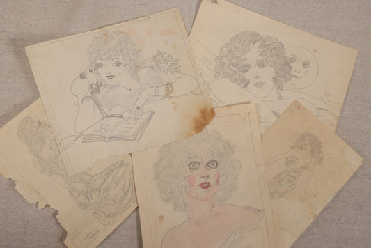 Lot 030 - Grouping Of Five Vintage Pencil On Paper Illustrations Of Whimsical Glamorous Women By Fern C. Vinton (American, 1911-1993), Including "All By Yourself In The Moonlight" And "Plain Bare Facts With Variations," 1930s