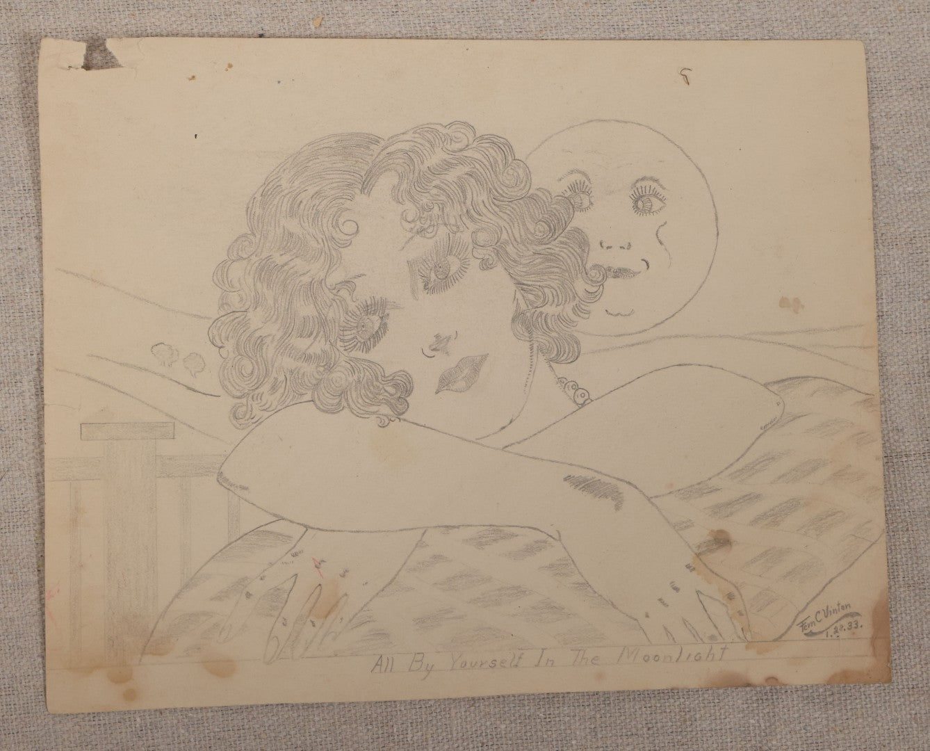Lot 030 - Grouping Of Five Vintage Pencil On Paper Illustrations Of Whimsical Glamorous Women By Fern C. Vinton (American, 1911-1993), Including "All By Yourself In The Moonlight" And "Plain Bare Facts With Variations," 1930s