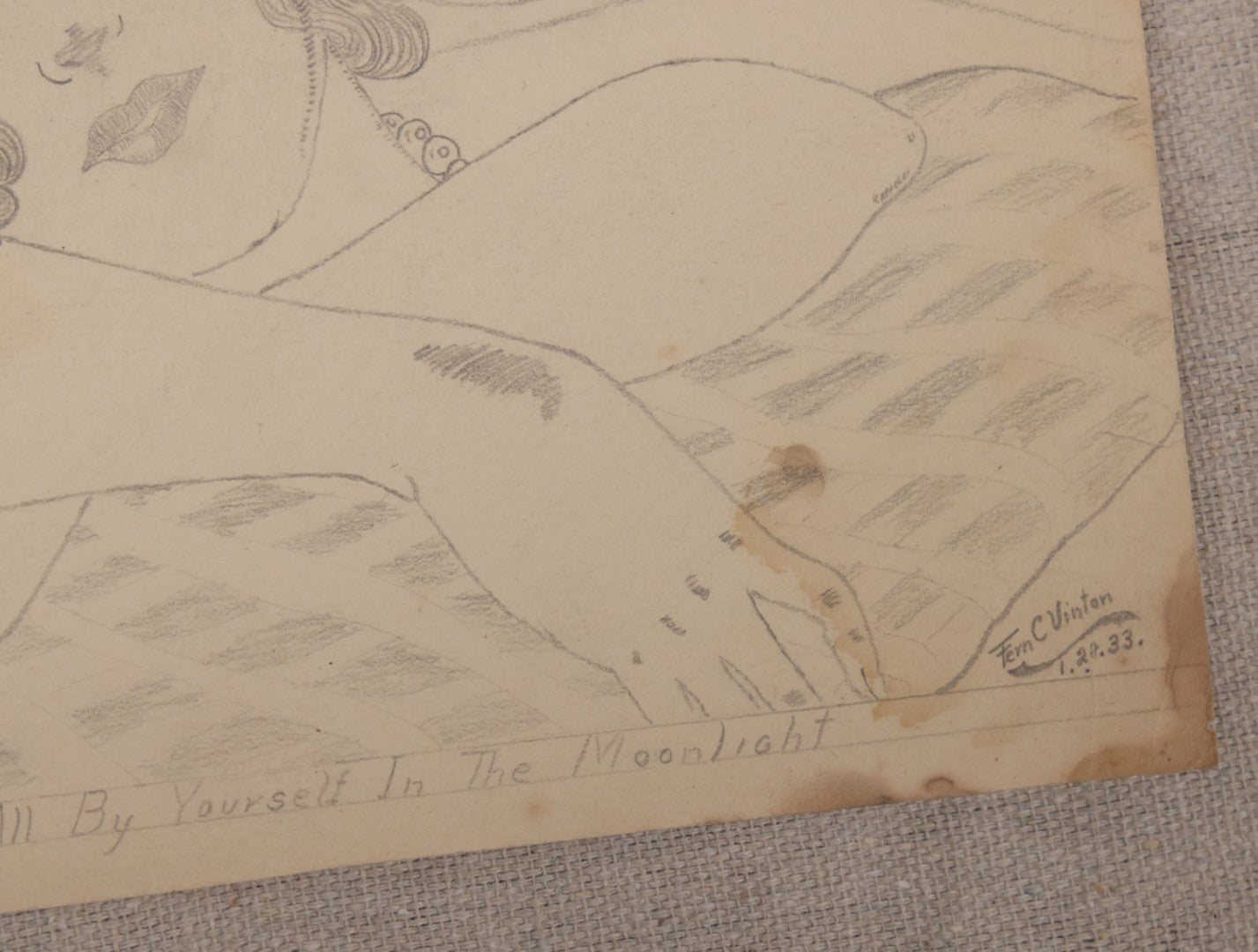 Lot 030 - Grouping Of Five Vintage Pencil On Paper Illustrations Of Whimsical Glamorous Women By Fern C. Vinton (American, 1911-1993), Including "All By Yourself In The Moonlight" And "Plain Bare Facts With Variations," 1930s