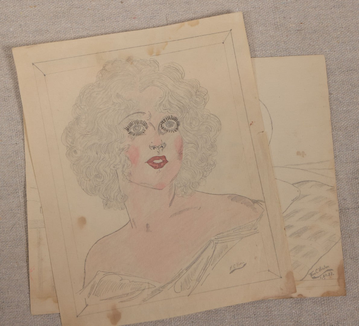 Lot 030 - Grouping Of Five Vintage Pencil On Paper Illustrations Of Whimsical Glamorous Women By Fern C. Vinton (American, 1911-1993), Including "All By Yourself In The Moonlight" And "Plain Bare Facts With Variations," 1930s