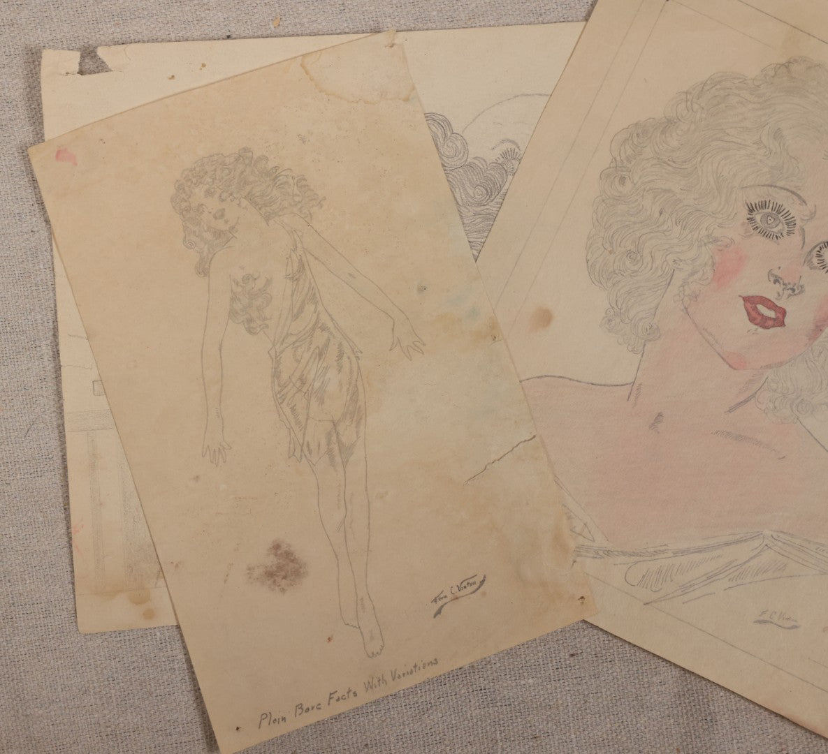 Lot 030 - Grouping Of Five Vintage Pencil On Paper Illustrations Of Whimsical Glamorous Women By Fern C. Vinton (American, 1911-1993), Including "All By Yourself In The Moonlight" And "Plain Bare Facts With Variations," 1930s