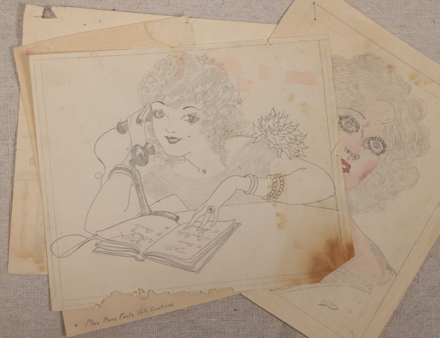 Lot 030 - Grouping Of Five Vintage Pencil On Paper Illustrations Of Whimsical Glamorous Women By Fern C. Vinton (American, 1911-1993), Including "All By Yourself In The Moonlight" And "Plain Bare Facts With Variations," 1930s