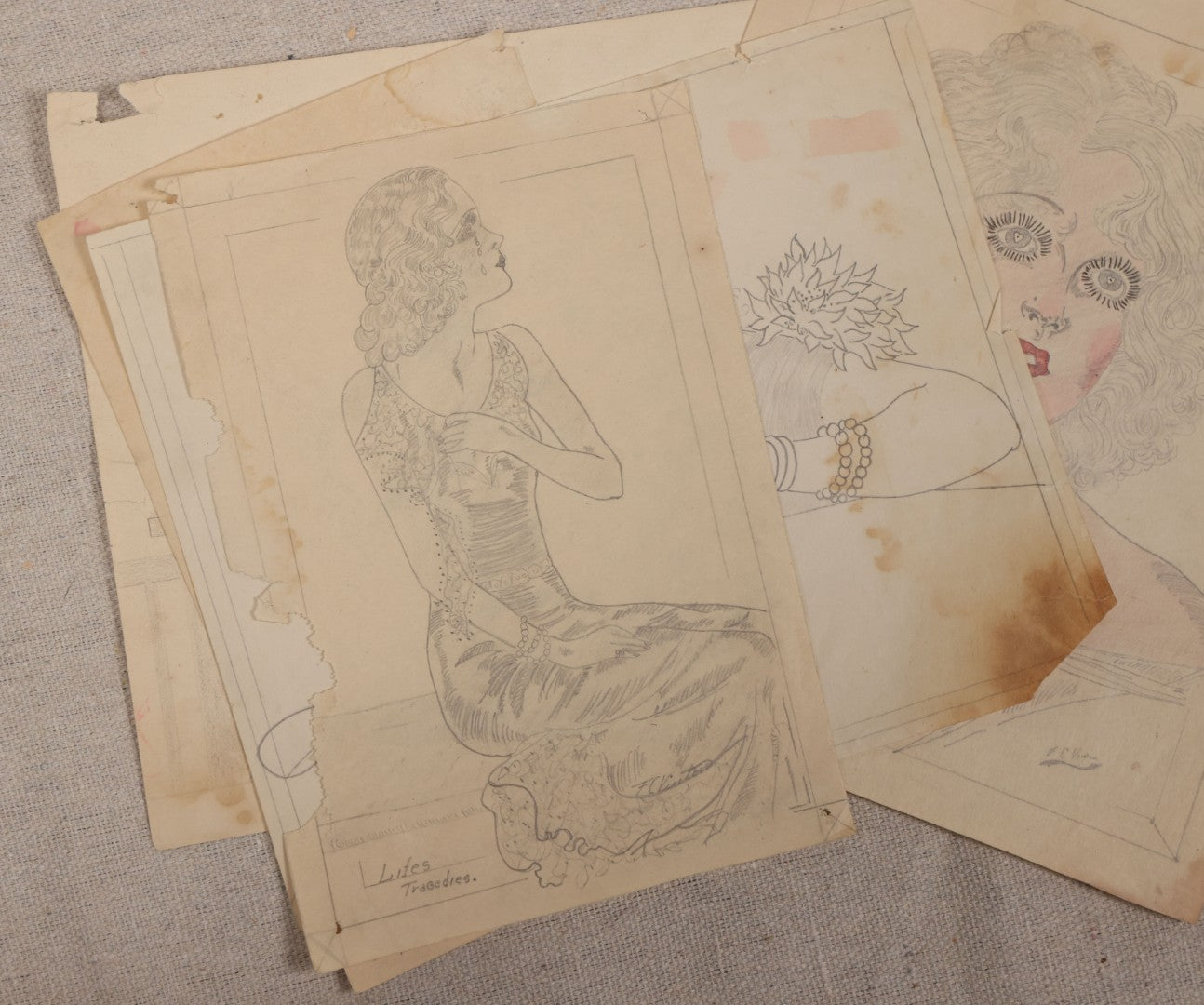 Lot 030 - Grouping Of Five Vintage Pencil On Paper Illustrations Of Whimsical Glamorous Women By Fern C. Vinton (American, 1911-1993), Including "All By Yourself In The Moonlight" And "Plain Bare Facts With Variations," 1930s