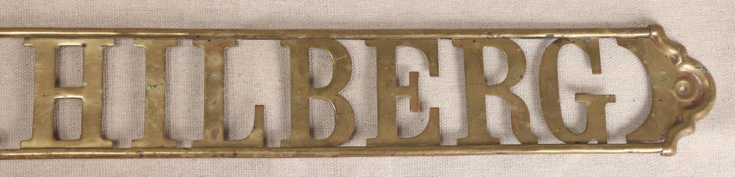 Lot 032 - Antique Brass Name Sign From The E. Hilberg Shaving Parlor, Henry E. Hilberg (1849-1931), Barber, Beaver Falls, Pennsylvania