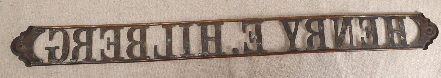 Lot 032 - Antique Brass Name Sign From The E. Hilberg Shaving Parlor, Henry E. Hilberg (1849-1931), Barber, Beaver Falls, Pennsylvania