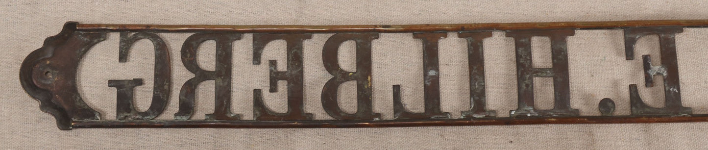 Lot 032 - Antique Brass Name Sign From The E. Hilberg Shaving Parlor, Henry E. Hilberg (1849-1931), Barber, Beaver Falls, Pennsylvania