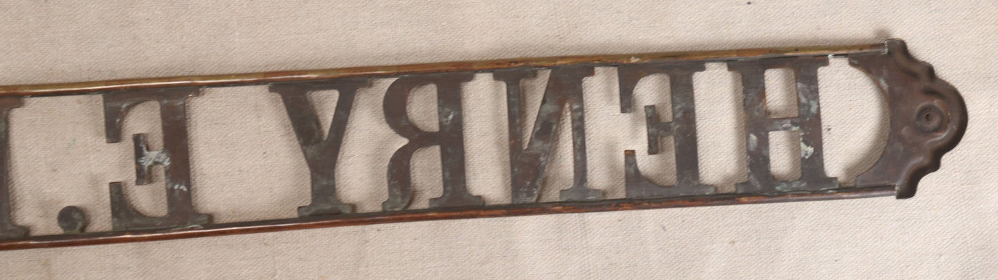 Lot 032 - Antique Brass Name Sign From The E. Hilberg Shaving Parlor, Henry E. Hilberg (1849-1931), Barber, Beaver Falls, Pennsylvania