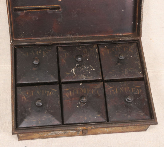 Lot 034 - Antique Toleware Spice Box With Six Interior Tins By Kreamer, Labeled Mace, Cinnamon, Cloves, Allspice, Nutmeg, And Ginger